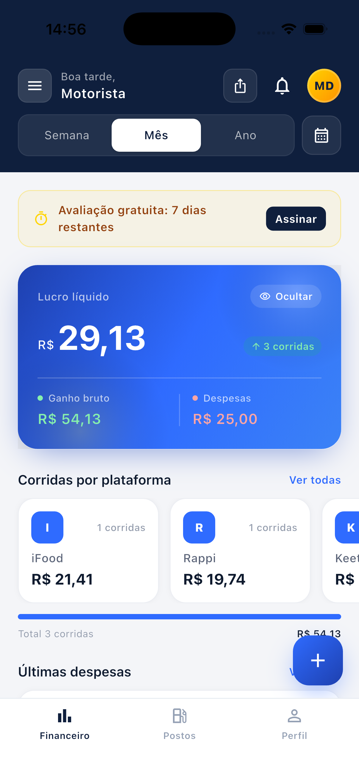 App Sou Motorista: painel financeiro com lucro líquido, ganhos e despesas